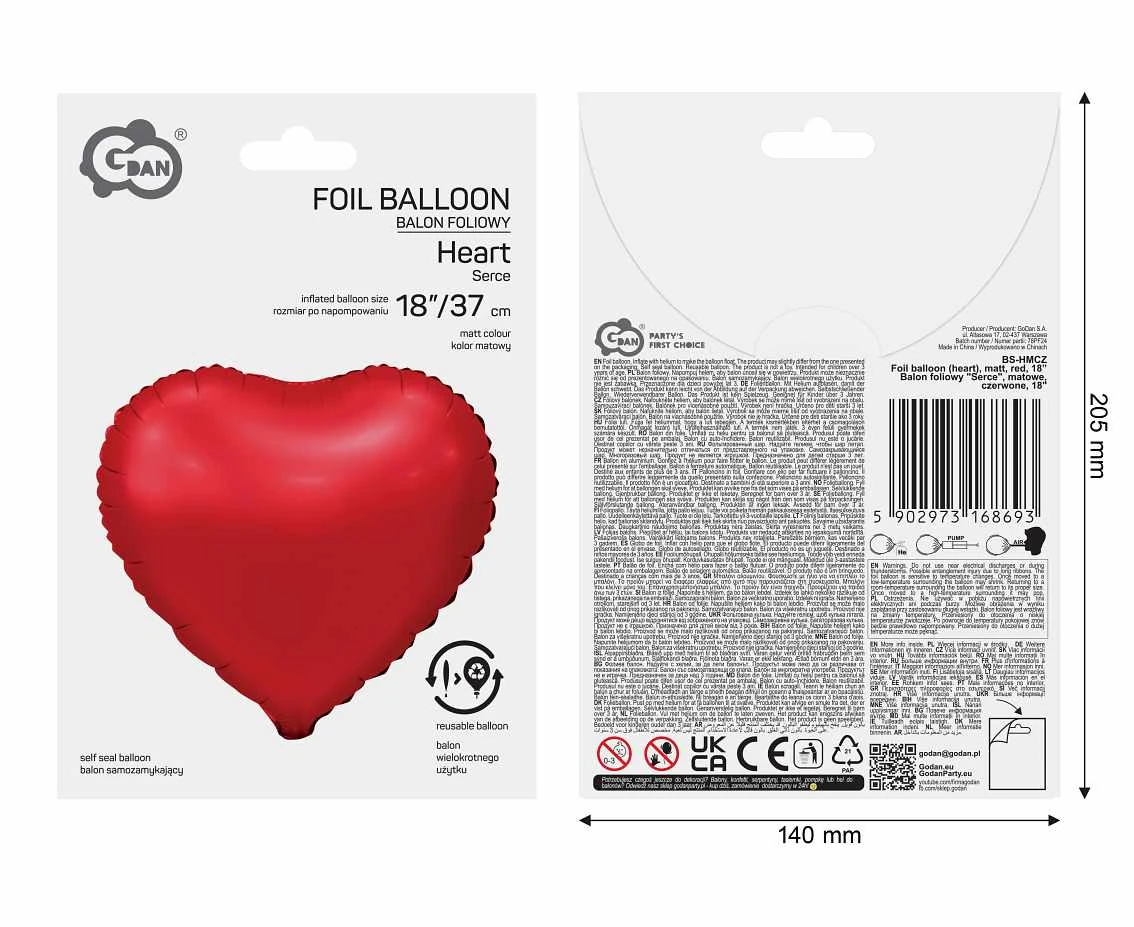 Balon foliowy Serce, matowe, czerwone, 18 cali AA