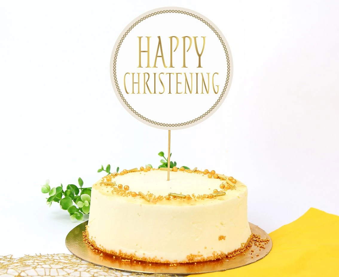 Dekoracja papierowa na tort Happy Christening, średnica 14 cm KK
