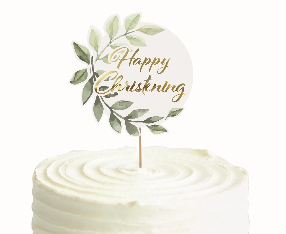 Dekoracja papierowa na tort Happy Christening, listki, średnica 14 cm KK