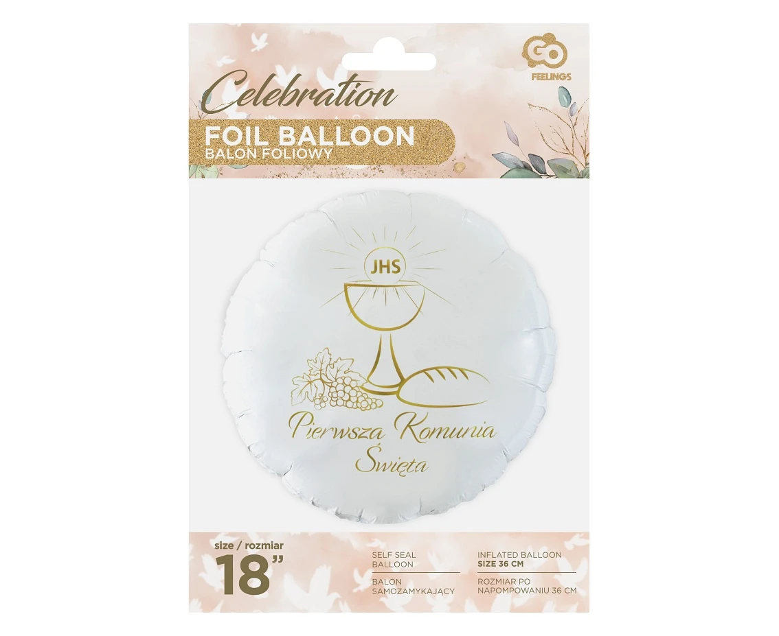 Balon foliowy Pierwsza Komunia Święta (kielich), okrągły 18" AA