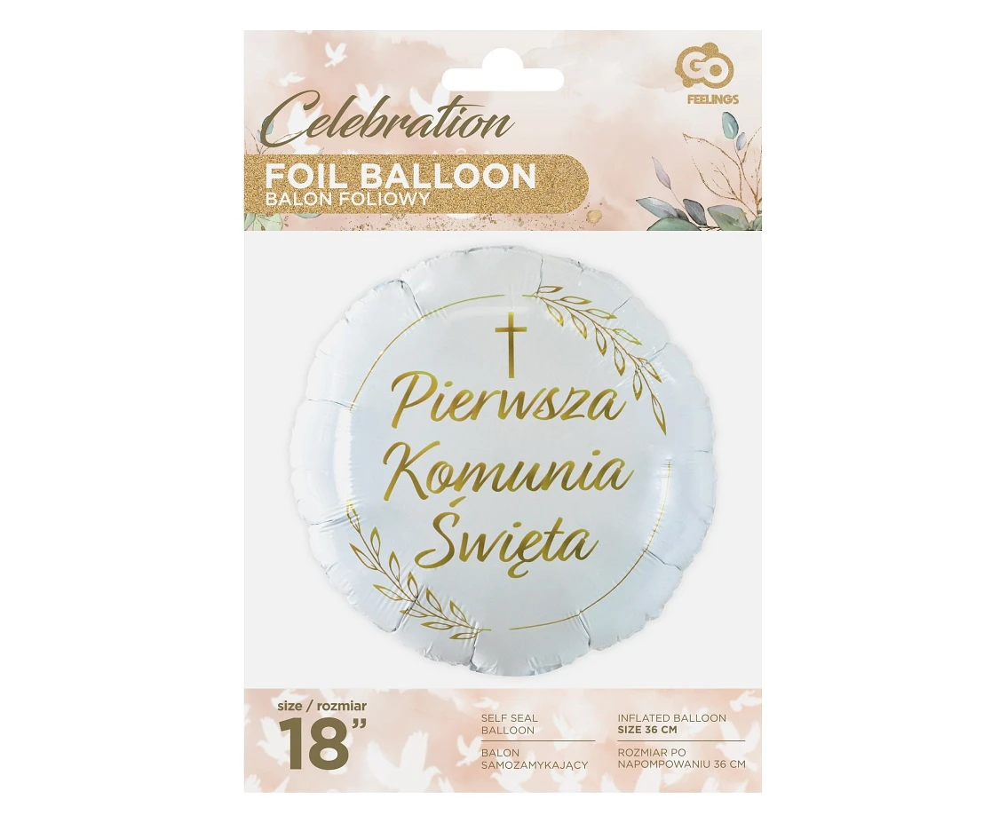 Balon foliowy Pierwsza Komunia Święta (kłosy), okrągły 18" KK