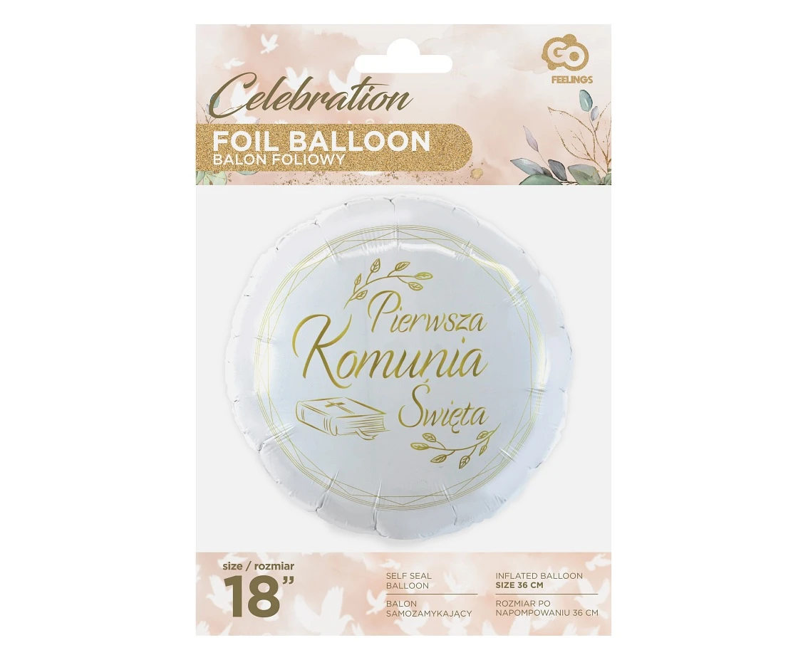 Balon foliowy Pierwsza Komunia Święta (biblia), okrągły 18" KK