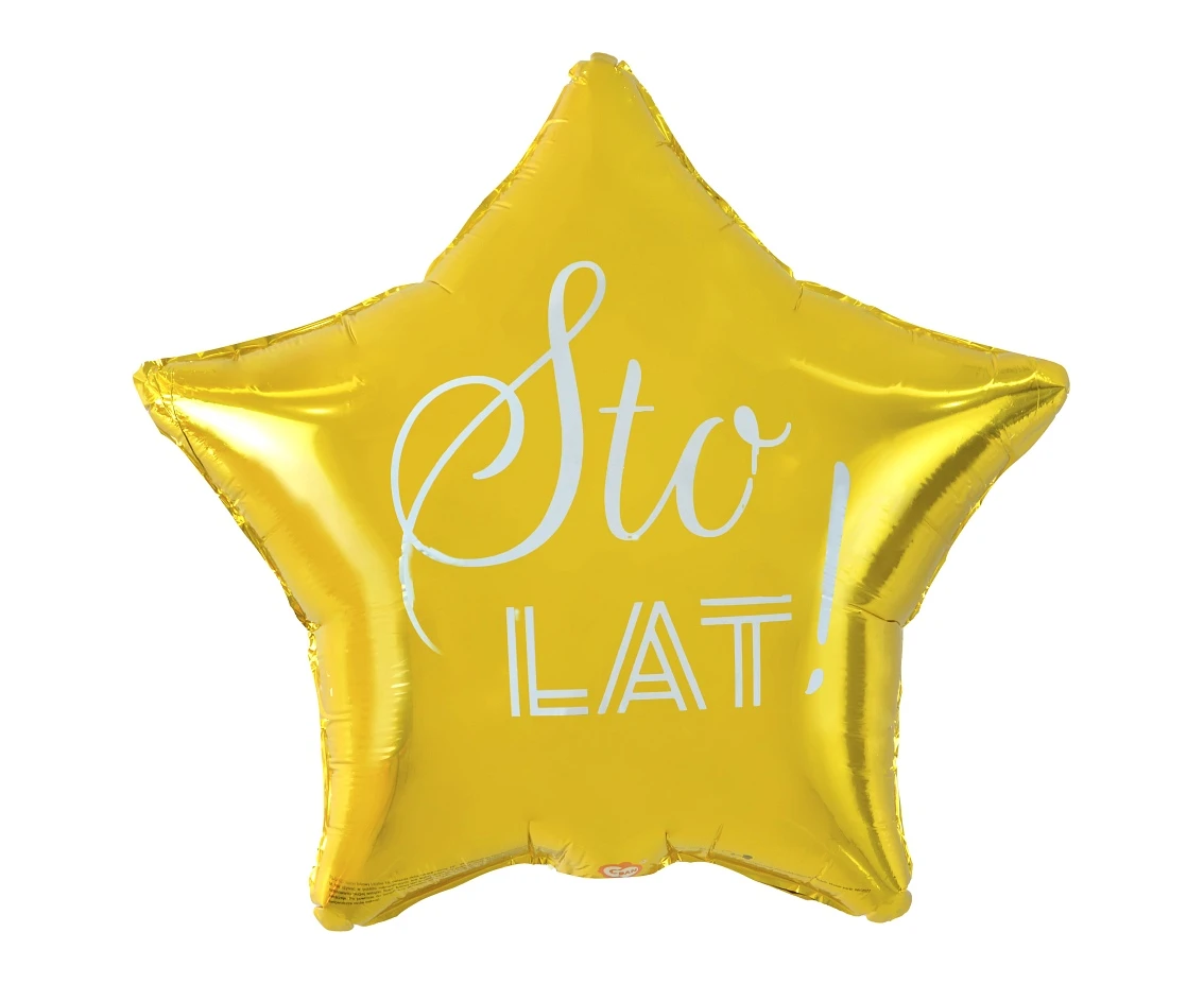 Balon foliowy Sto Lat, gwiazda złota, nadruk biały, 19" KK