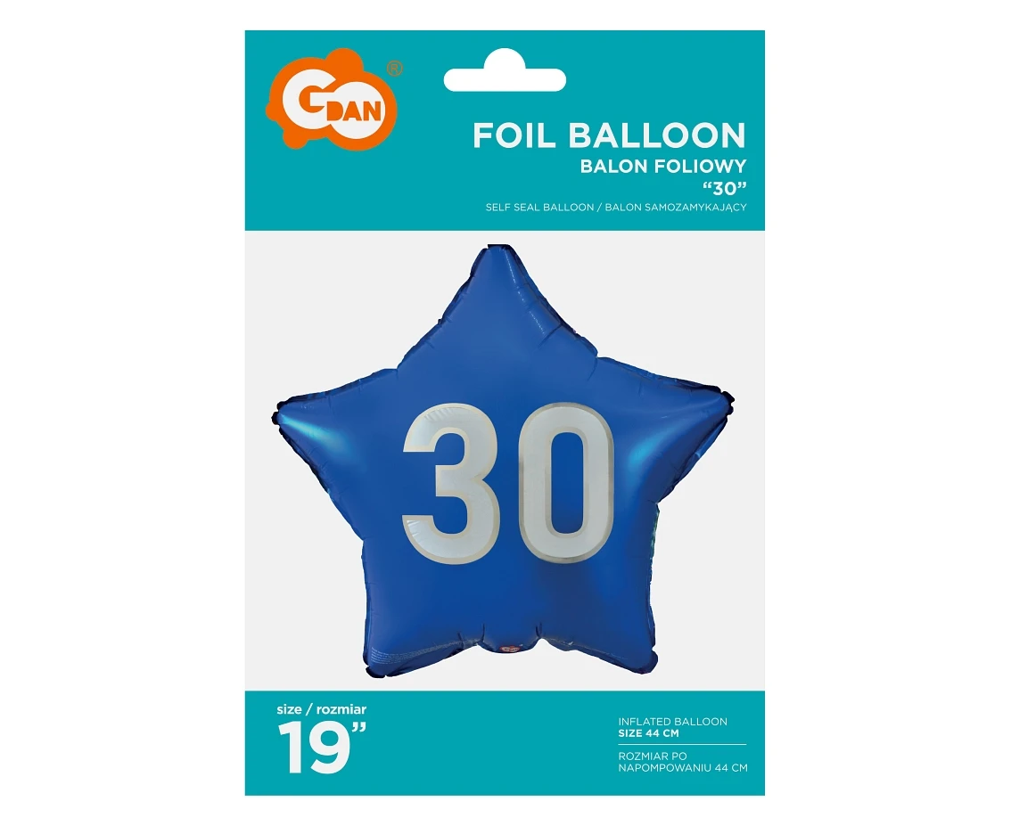 Balon foliowy "30" gwiazda niebieska, nadruk biały, 19" KK