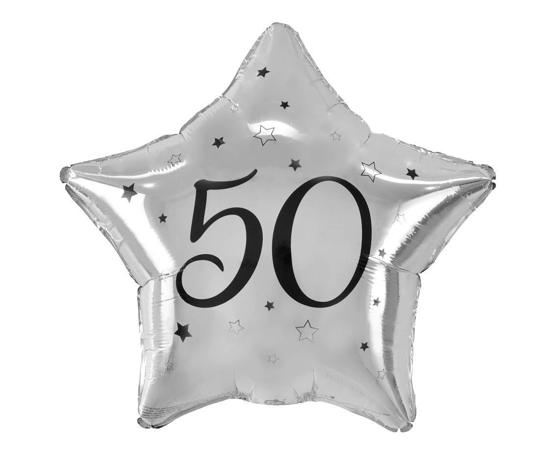 Balon foliowy "50" gwiazda srebrna, nadruk czarny, 19" KK