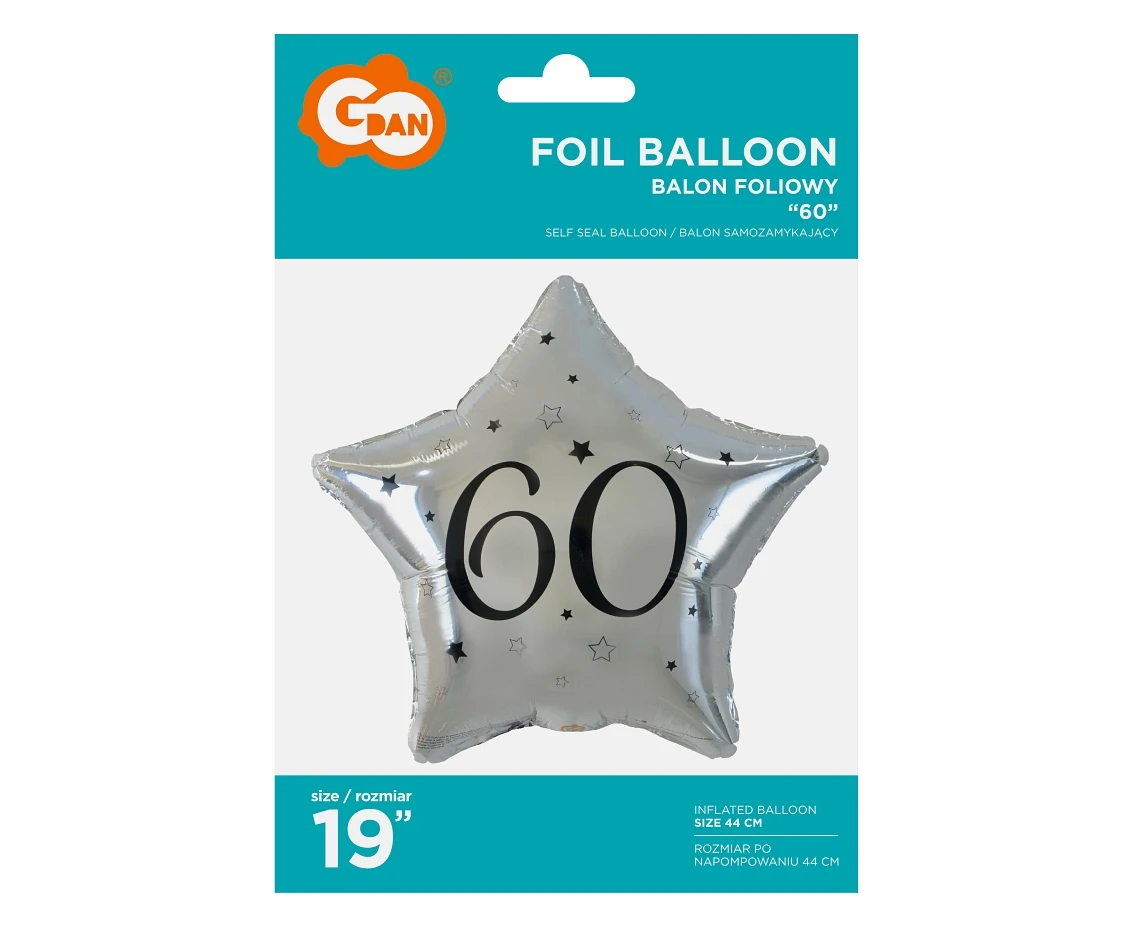 Balon foliowy 19" "60" gwiazda srebrna, nadruk czarny, KK
