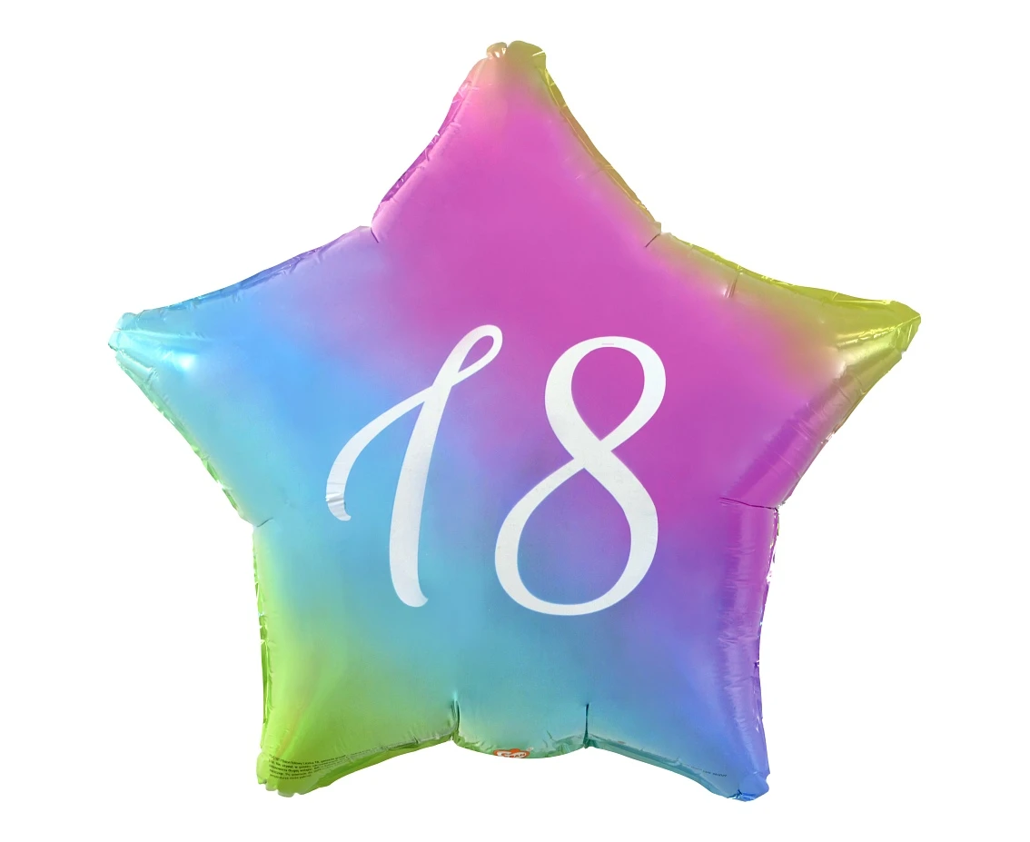 Balon foliowy "18" gwiazda gradient, nadruk biały, 19" KK