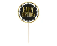 Dekoracja pap. na tort B&G Party - Happy Birthday, czarna, paski, 10 cm