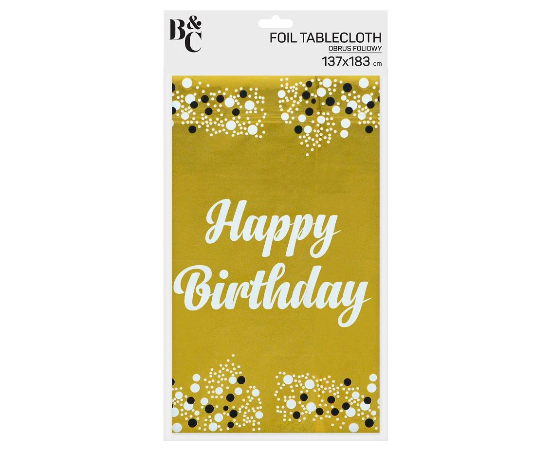 Obrus foliowy B&C "Happy Birthday" złoty, 137x183 cm