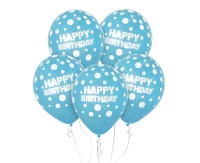 Balony Happy Birthday, niebieskie w białe grochy, 12"/ 5 szt.