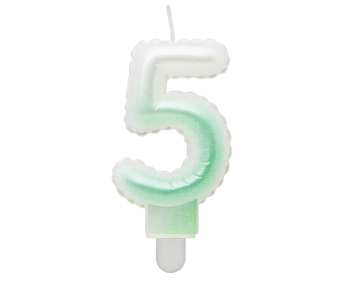 Świeczka cyferka 5, ombre, perłowa biało-zielona, 7 cm KK
