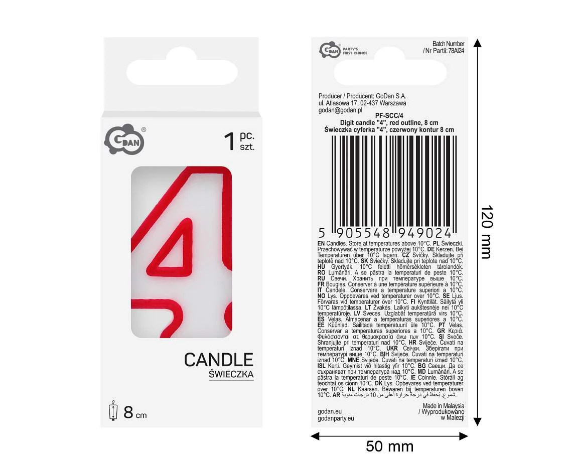Świeczka cyferka "4", czerwony kontur 8 cm