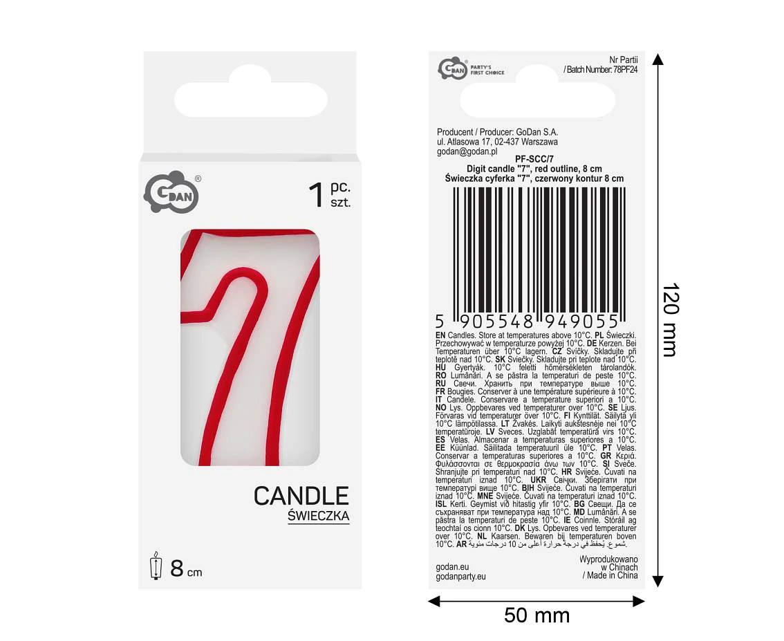 Świeczka cyferka "7", czerwony kontur 8 cm