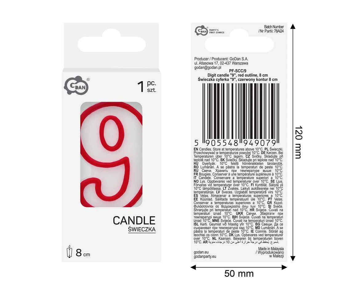 Świeczka cyferka "9", czerwony kontur 8 cm