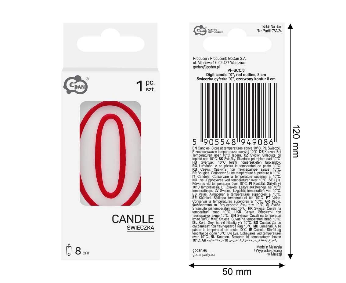 Świeczka cyferka "0", czerwony kontur 8 cm
