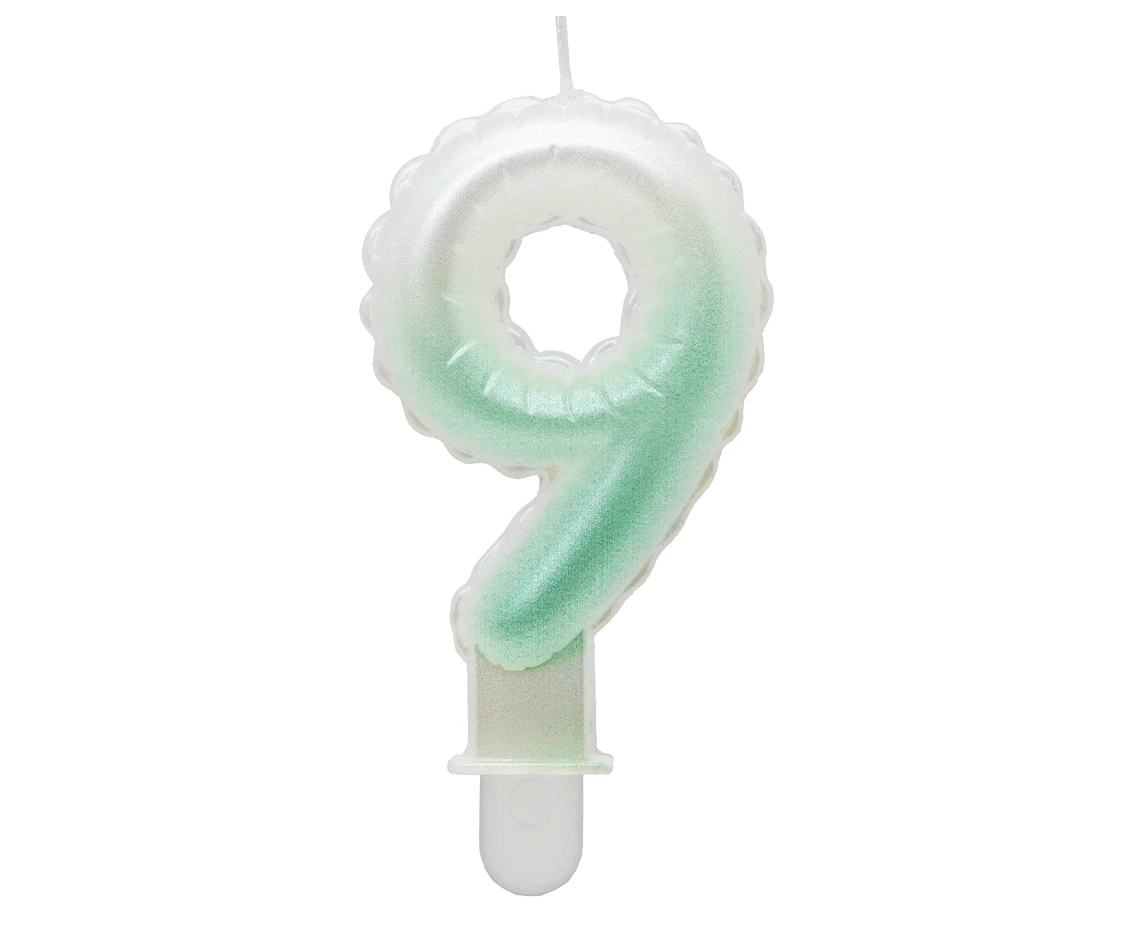 Świeczka cyferka 9, ombre, perłowa biało-zielona, 7 cm KK