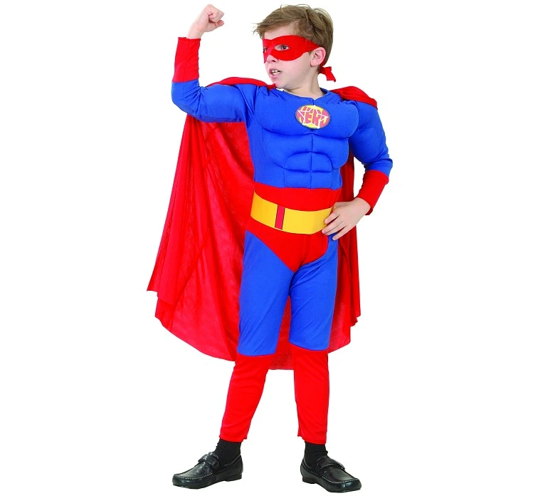 Zestaw dla dzieci Superbohater z muskułami (kostium z muskułami, peleryna, maska, pas), rozm. 120/130 cm