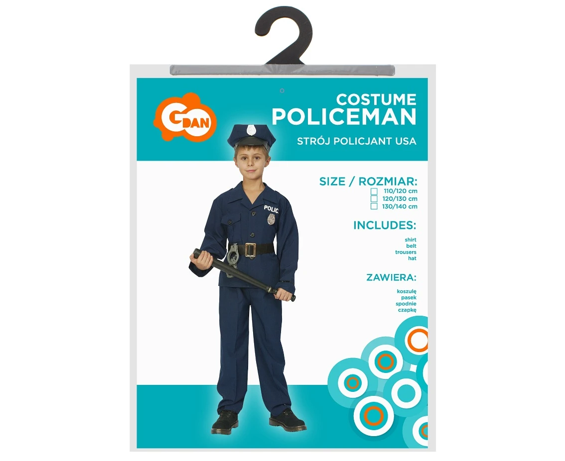 Zestaw dla dzieci Policjant USA (koszula, pasek, spodnie, czapka), rozm. 110/120 cm