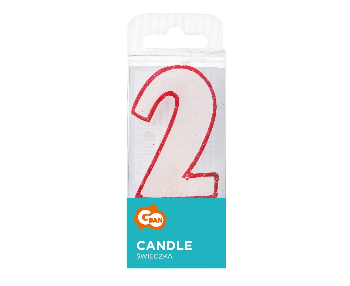 Świeczka cyferka z brokatem, czerwony kontur "2", 6 cm KK