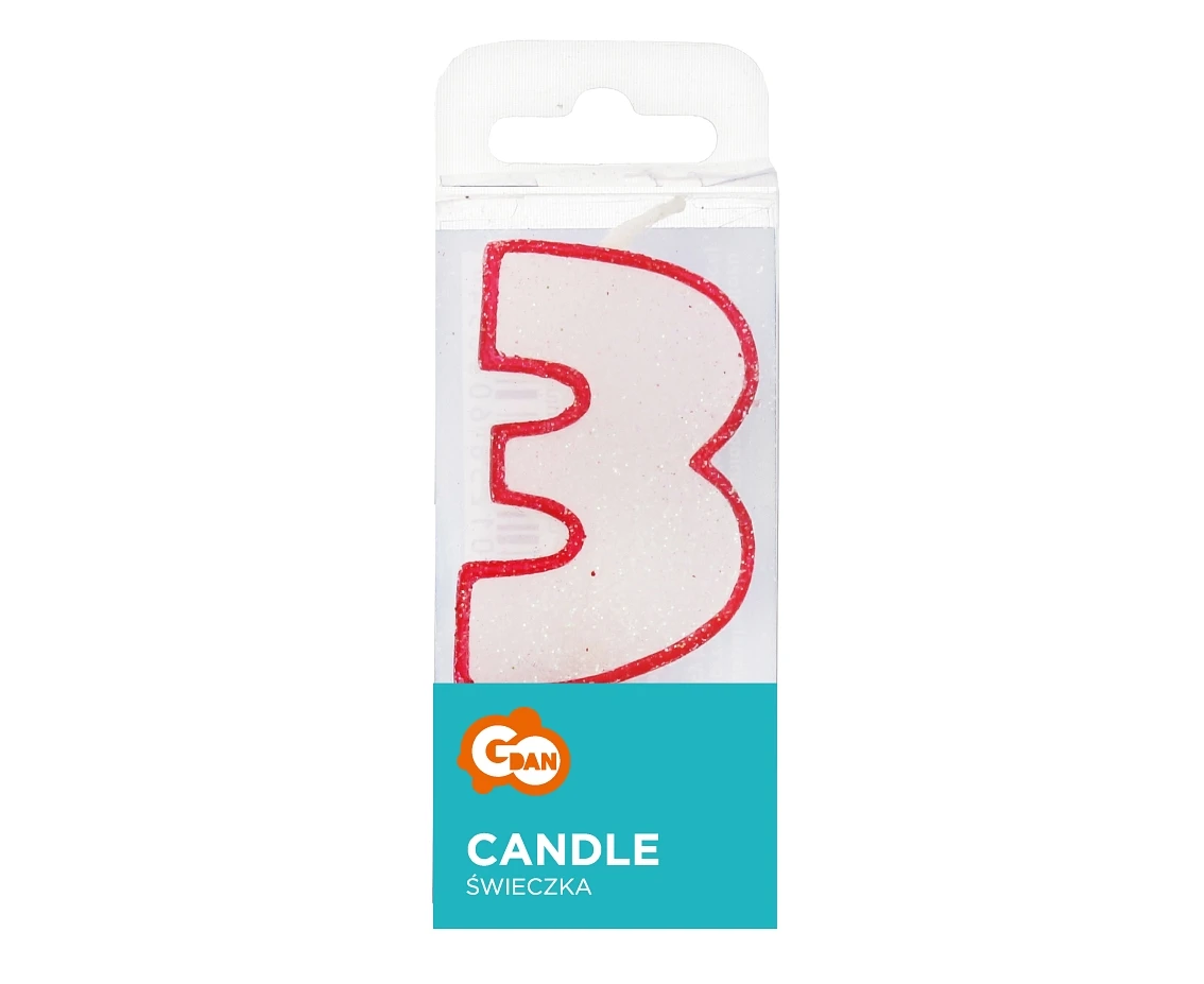 Świeczka cyferka z brokatem, czerwony kontur "3", 6 cm KK