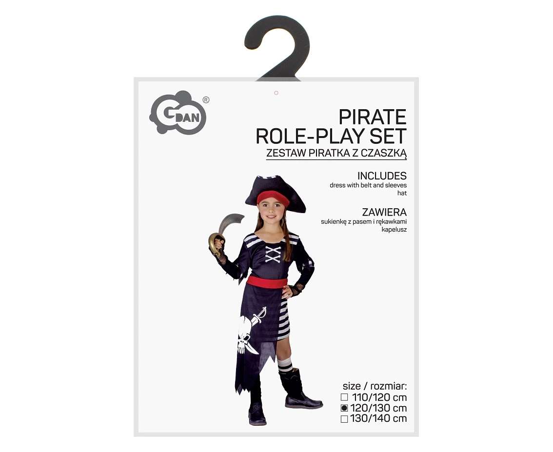 Zestaw dla dzieci Piratka z czaszką (sukienka z pasem i rękawkami, kapelusz), rozm. 120/130 cm