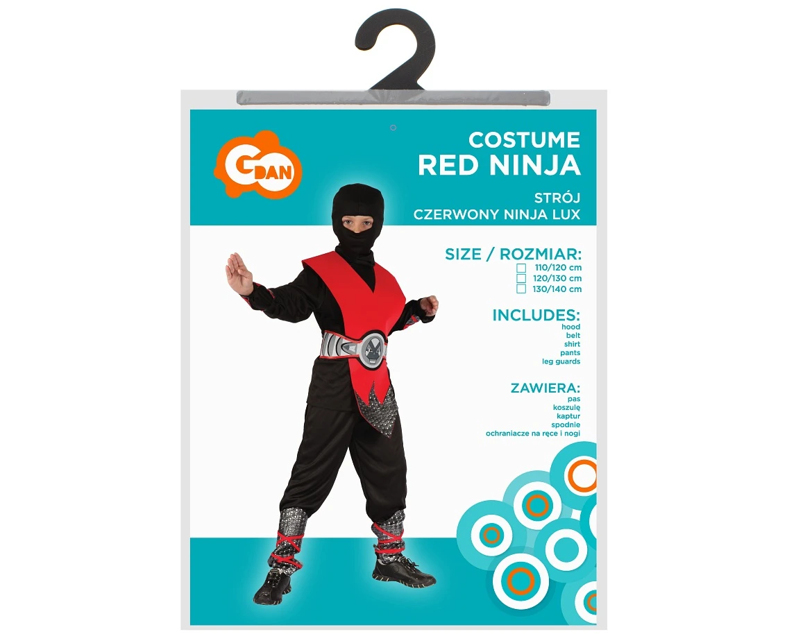 Zestaw Czerwony Ninja (koszula, kaptur, spodnie, ochraniacz, pas, ochraniacze na ręce i nogi), rozm. 120/130 cm