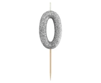 Świeczka piker B&C cyferka 0, srebrny bio brokat, dł. całkowita 11,5 cm