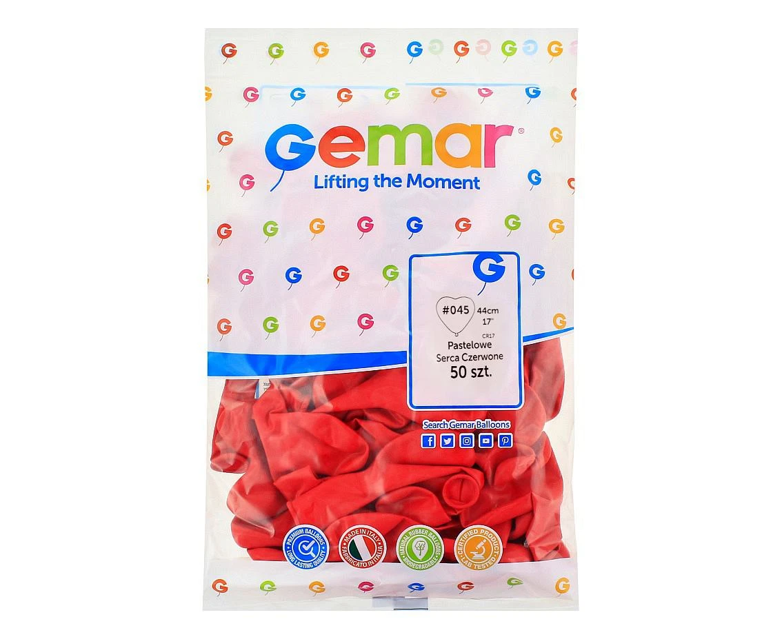 Balony Gemar 17", CR pastel serca duże ciemnoczerwone, 50szt.