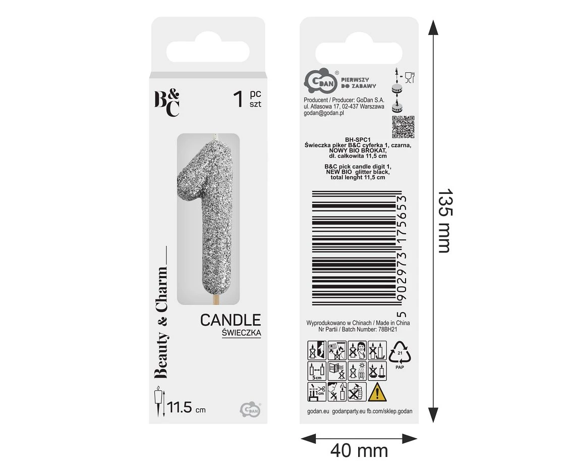 Świeczka piker B&C cyferka 1, srebrny bio brokat, dł. całkowita 11,5 cm