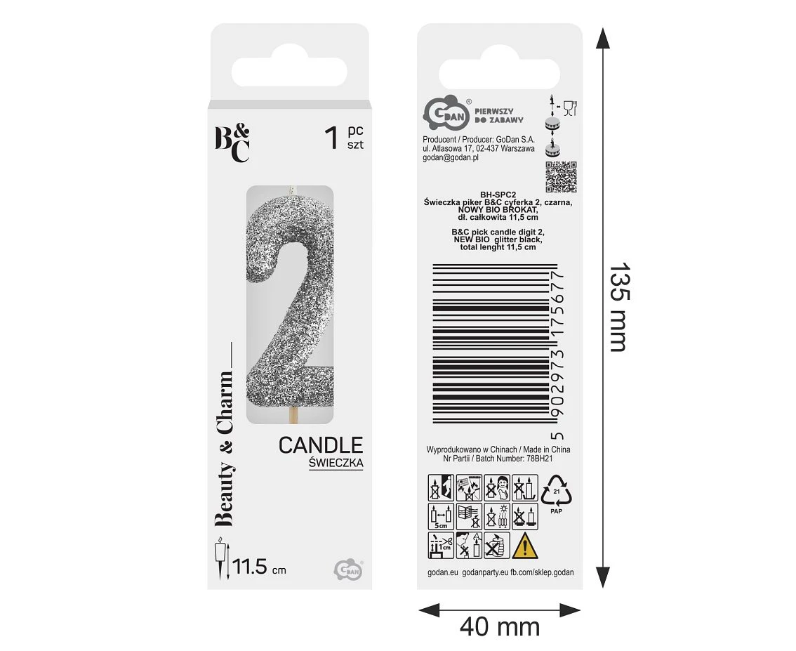 Świeczka piker B&C cyferka 2, srebrny bio brokat, dł. całkowita 11,5 cm
