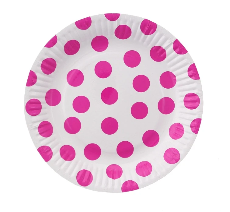 Talerzyki pap. białe, Groszki magenta, 18 cm, 6 szt. KK