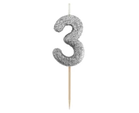 Świeczka piker B&C cyferka 3, srebrny bio brokat, dł. całkowita 11,5 cm