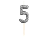 Świeczka piker B&C cyferka 5, srebrny bio brokat, dł. całkowita 11,5 cm