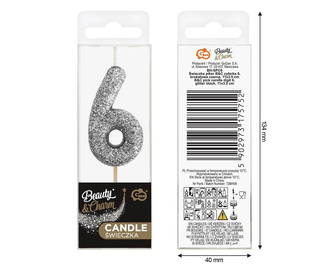 Świeczka piker B&C cyferka 6, srebrny bio brokat, dł. całkowita 11,5 cm