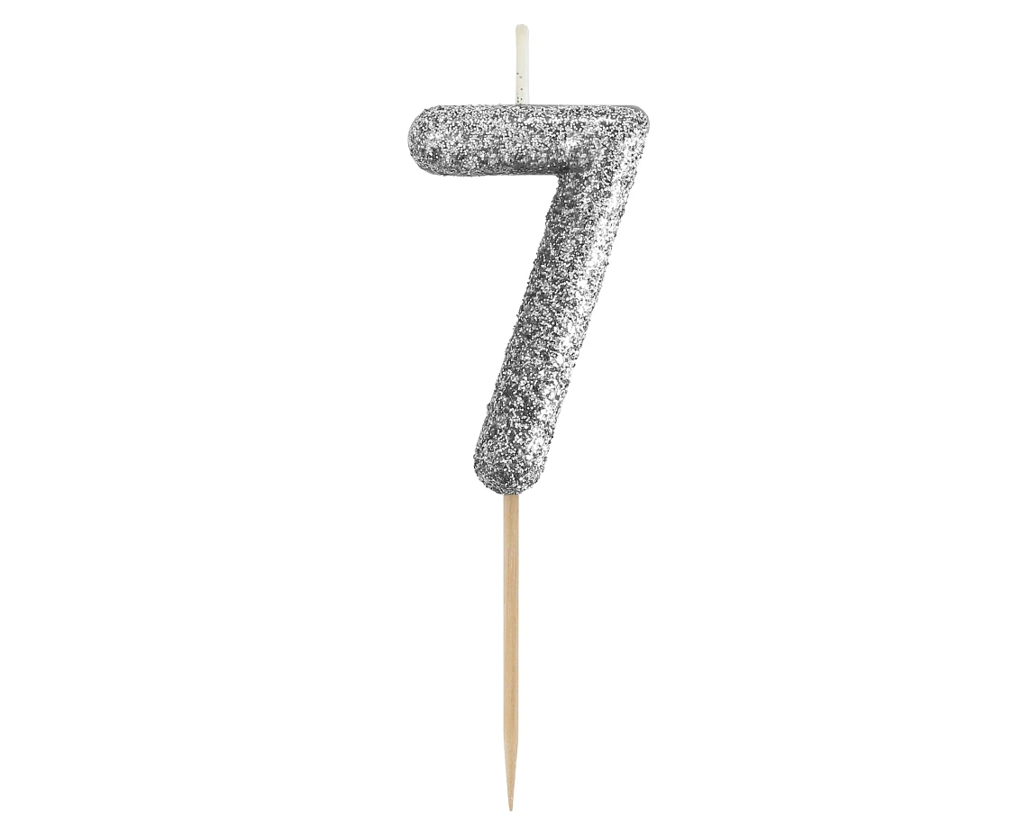 Świeczka piker B&C cyferka 7, srebrny bio brokat, dł. całkowita 11,5 cm