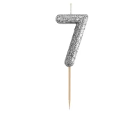 Świeczka piker B&C cyferka 7, srebrny bio brokat, dł. całkowita 11,5 cm