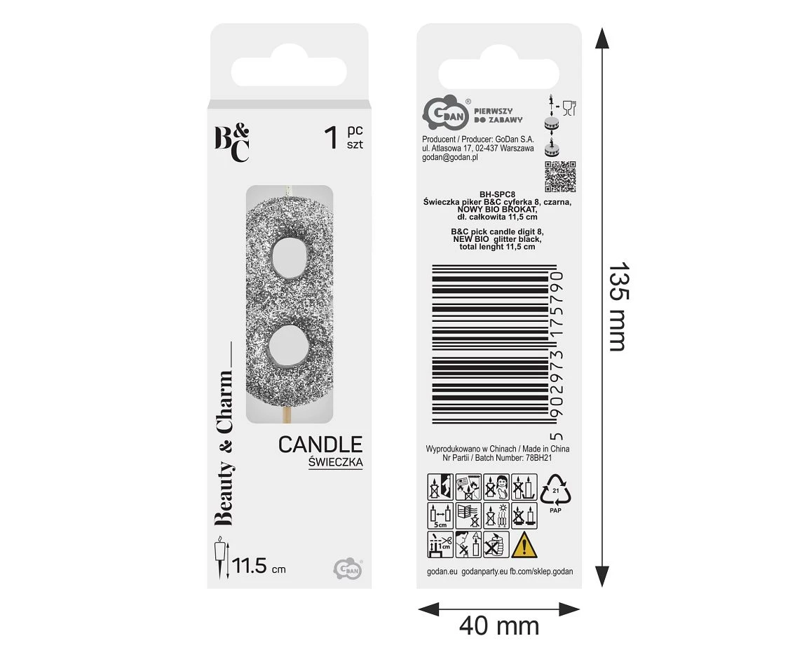 Świeczka piker B&C cyferka 8, srebrny bio brokat, dł. całkowita 11,5 cm