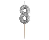 Świeczka piker B&C cyferka 8, srebrny bio brokat, dł. całkowita 11,5 cm