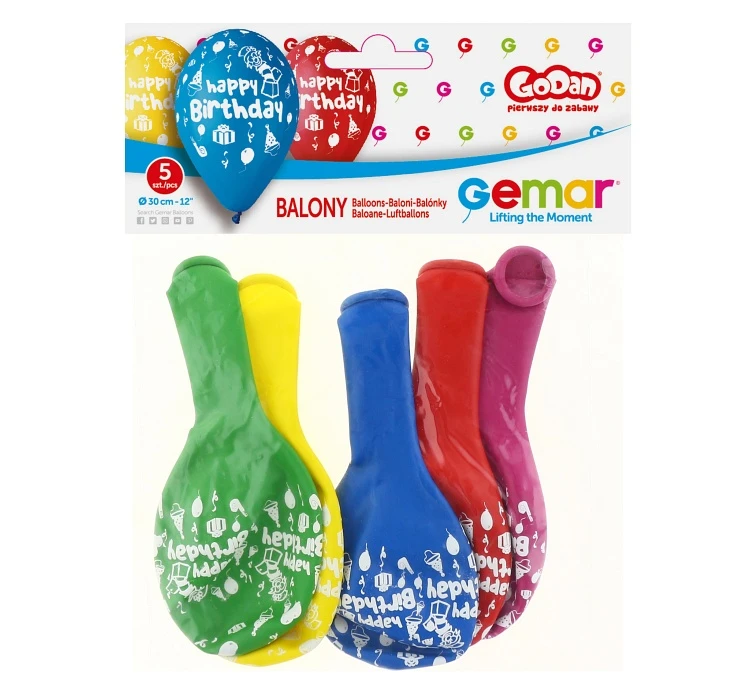 Balony Gemar 12", pastel premium "happy birthday (party), 5szt. KK