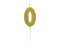 Świeczka piker B&C cyferka 0, metaliczna złota, dł. całkowita 9,5 cm