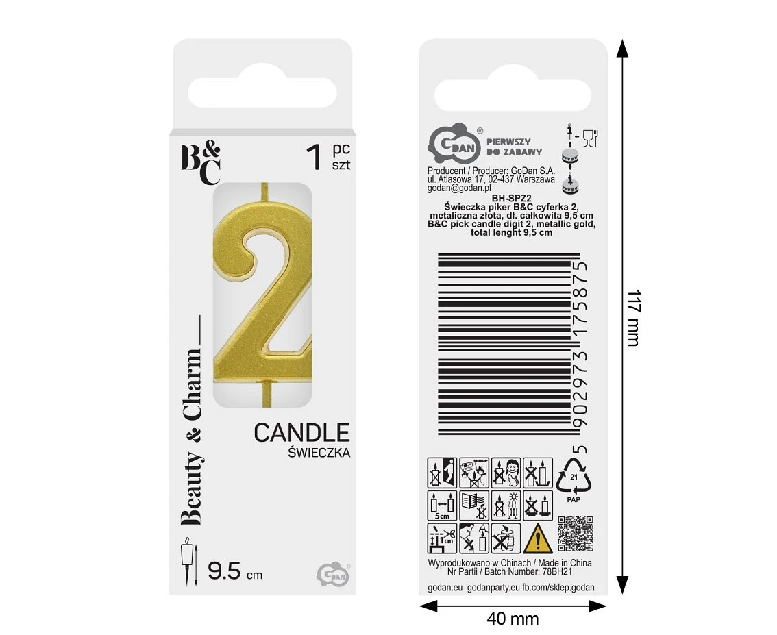 Świeczka piker B&C cyferka 2, metaliczna złota, dł. całkowita 9,5 cm