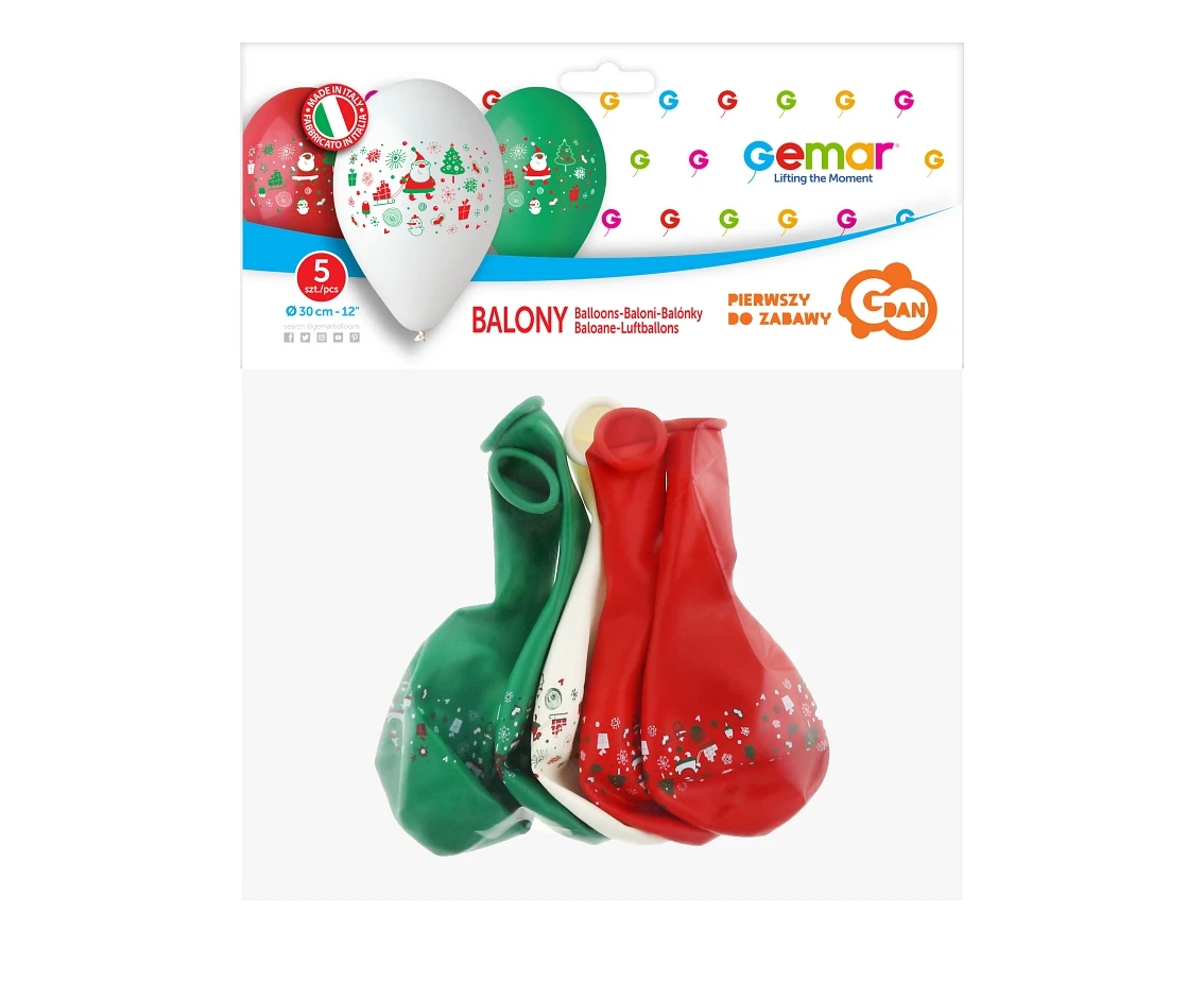 Balony Gemar 12", pastel premium "mikołaj", czerwone, zielone i białe, 5szt. KK