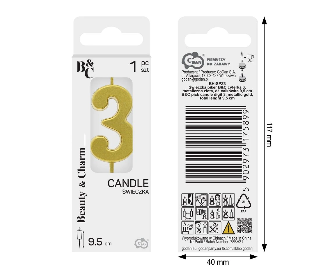 Świeczka piker B&C cyferka 3, metaliczna złota, dł. całkowita 9,5 cm