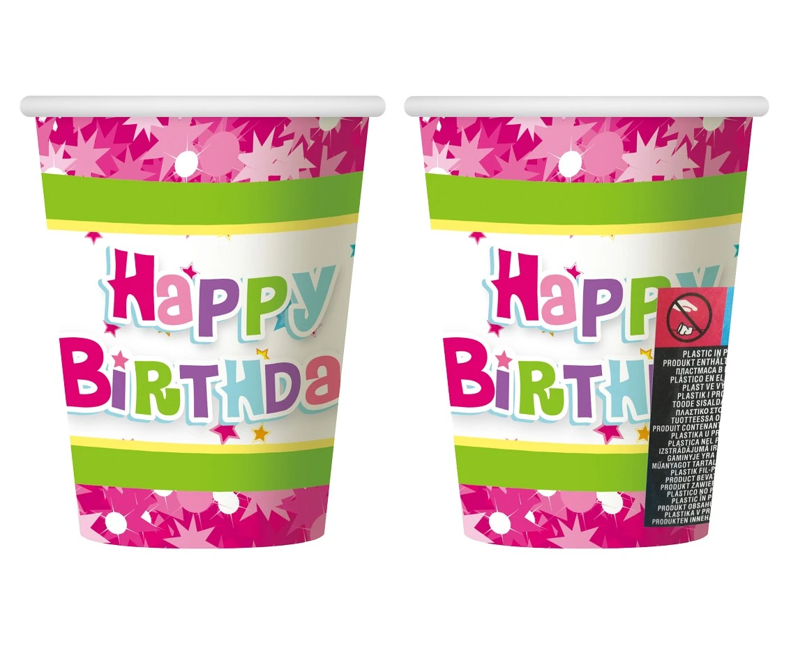 Kubeczki papierowe Happy Birthday różowe, 270ml/6 szt. KK