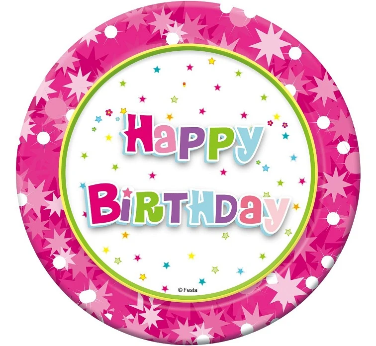 Talerzyki papierowe Happy Birthday (różowe) 18 cm, 6 szt. KK