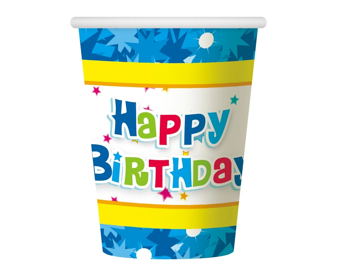 Kubeczki papierowe Happy Birthday niebieskie, 270ml/6 szt. KK