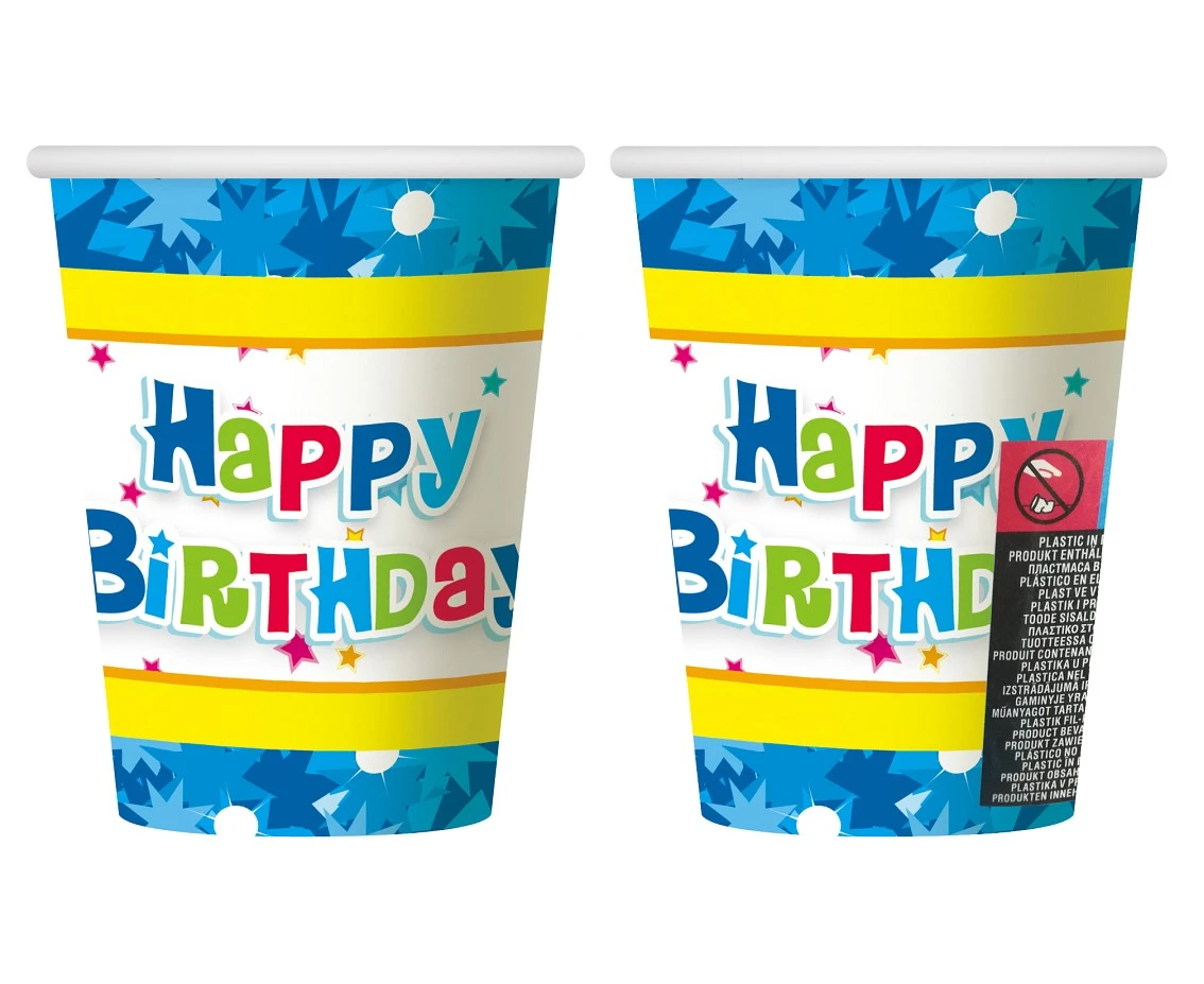 Kubeczki papierowe Happy Birthday niebieskie, 270ml/6 szt. KK