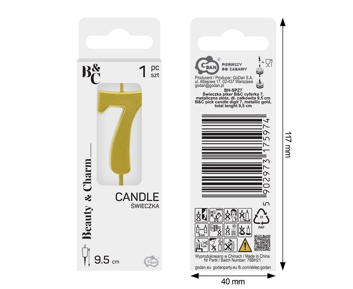 Świeczka piker B&C cyferka 7, metaliczna złota, dł. całkowita 9,5 cm