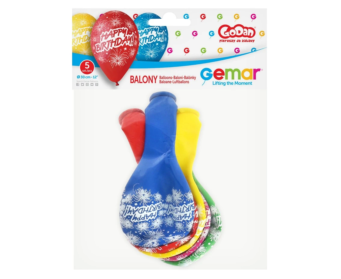 Balony Gemar 12", pastel premium "happy birthday (fajerwerki)", 5szt.