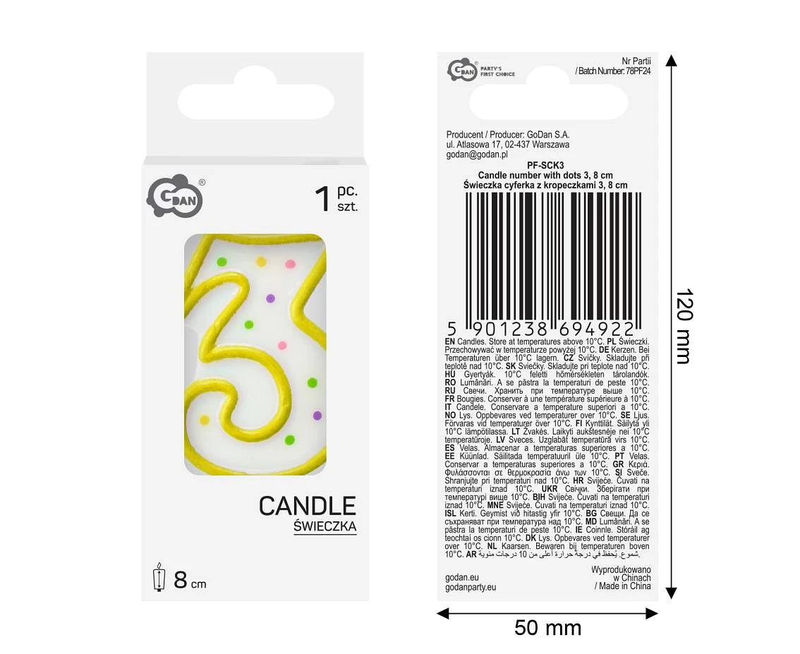 Świeczka cyferka z kropeczkami 3, 7,5 cm